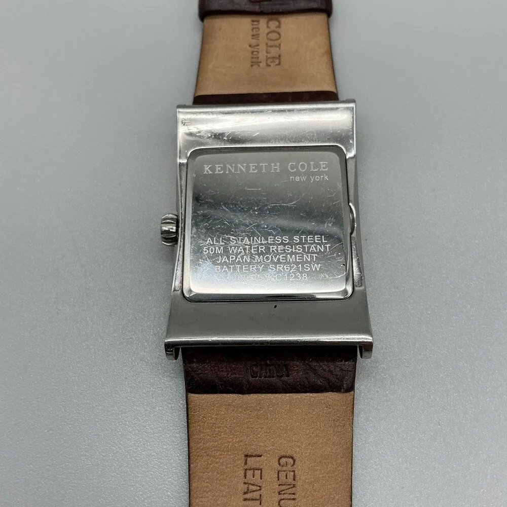 Kenneth Cole KC1238 Mens Watch 32mm Silver Tone Brown Leather Date New Battery